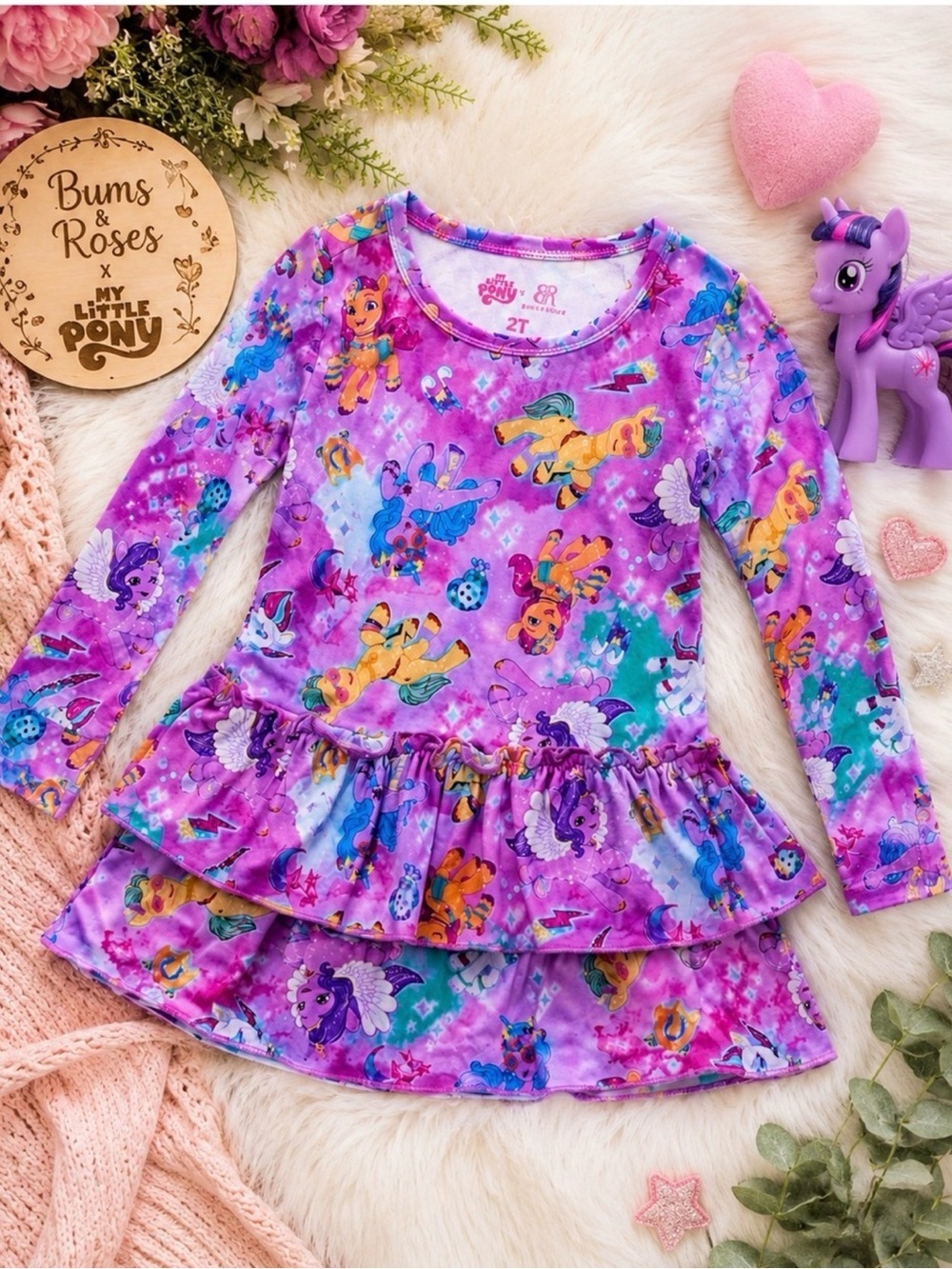 Bums Roses x My Little Pony Ruffle Dress G5 Twirl Bamboo Long Sleeve Pink 2T - Picture 2 of 11
